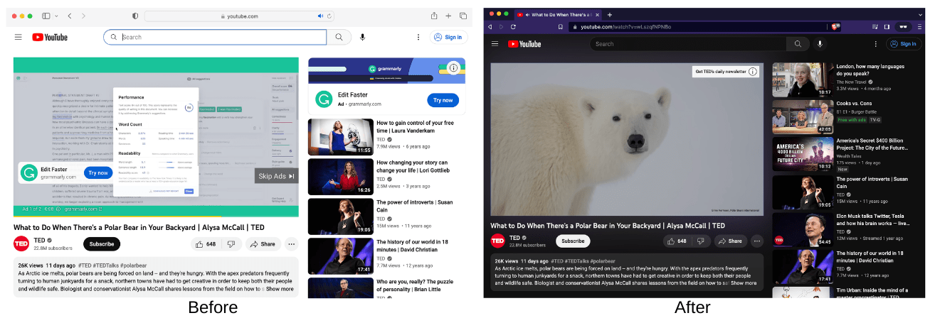 Side by side showing YouTube ads blocked in Brave Browser